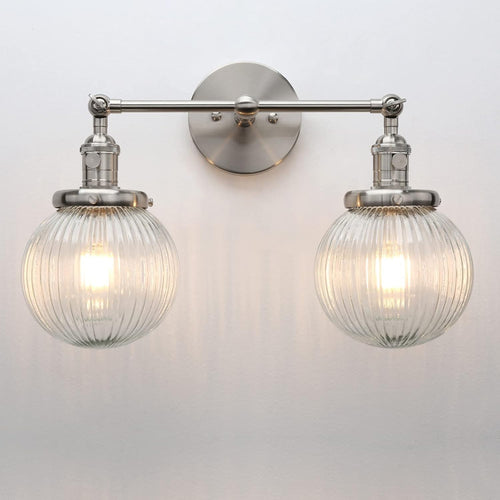 Modern 2-Light Glass Wall Sconce Brushed Metal | Dimmable Bedroom Lamp