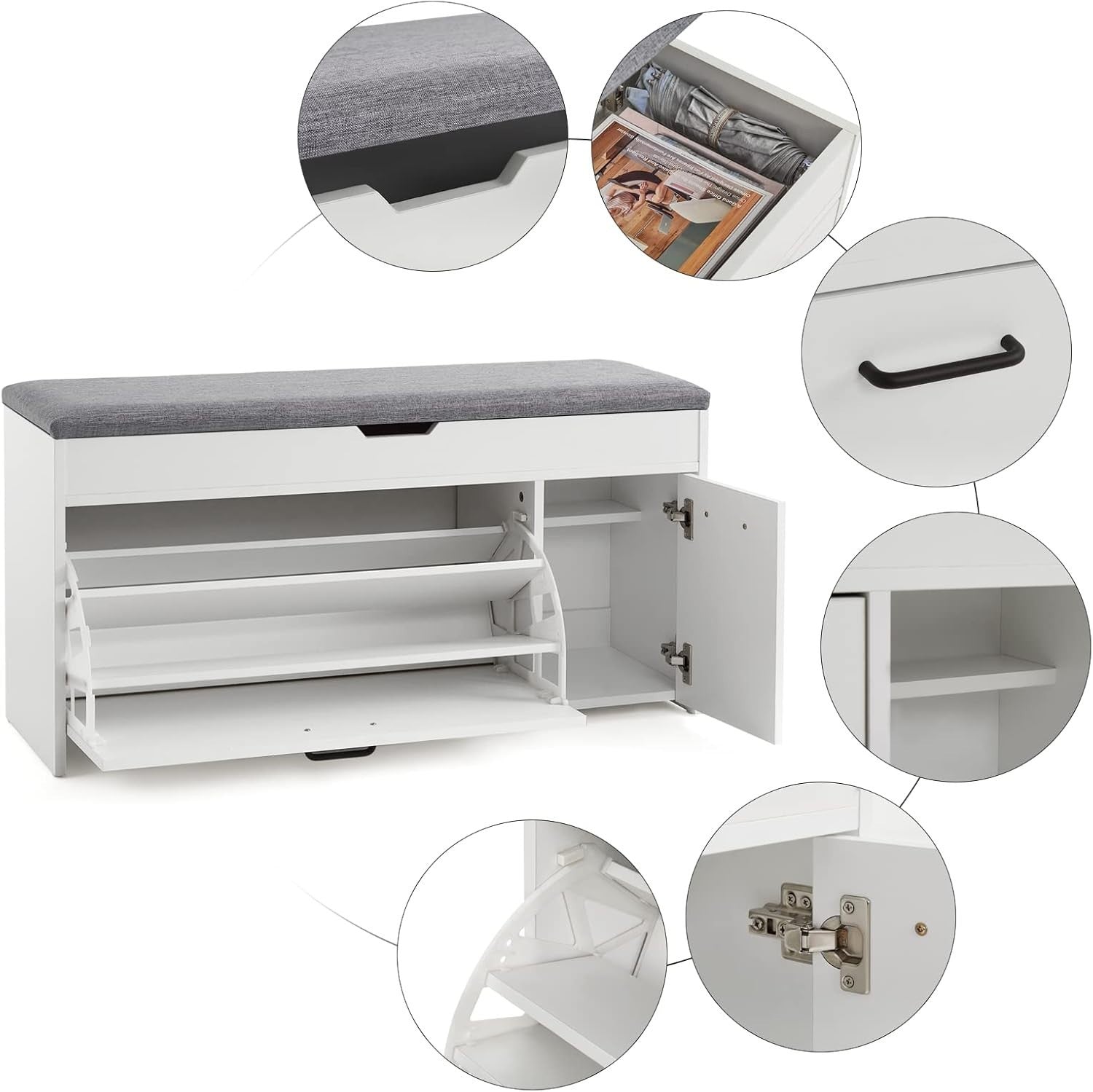 Modern Shoe Storage Bench Seat White Wood Flip Drawer Entryway Hallway Furniture