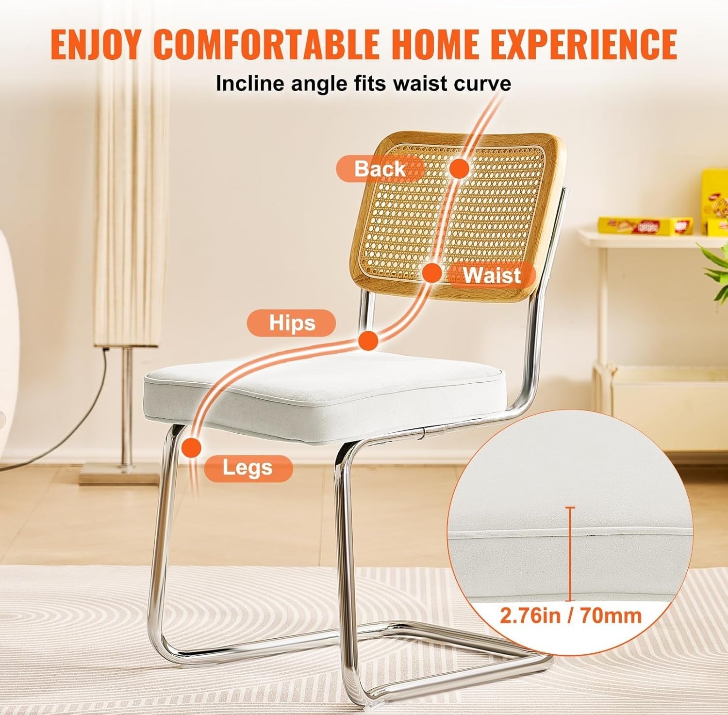 Set of 2 Rattan Dining Chairs Cushioned Modern Kitchen Seating White Upholstery