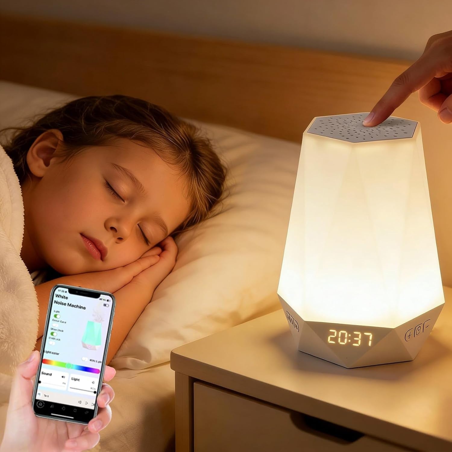 White Noise Sleep Trainer Clock for Kids & Adults with Night Light & App