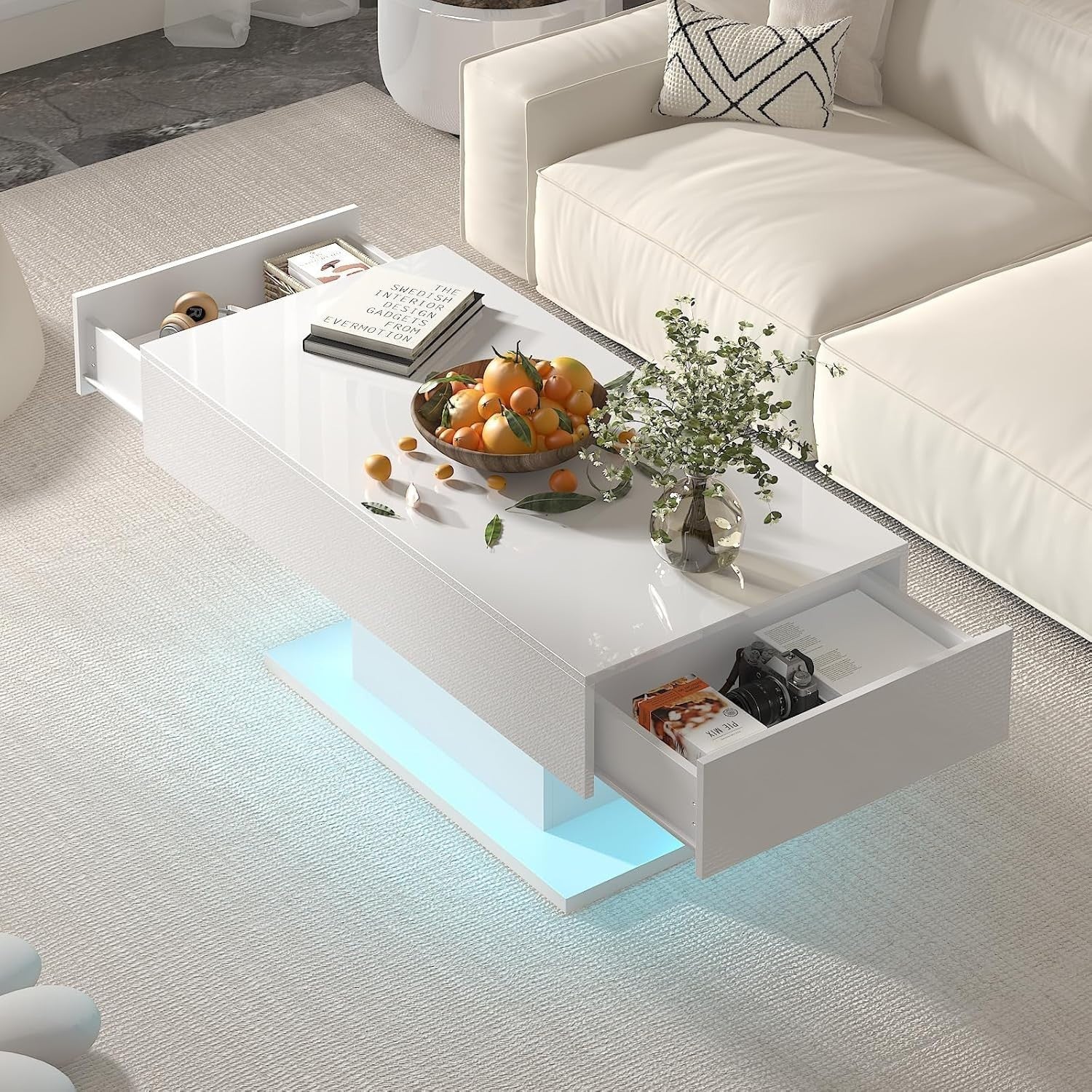 White LED Coffee Table with 2 Drawers, High Gloss Rectangular 110x55cm