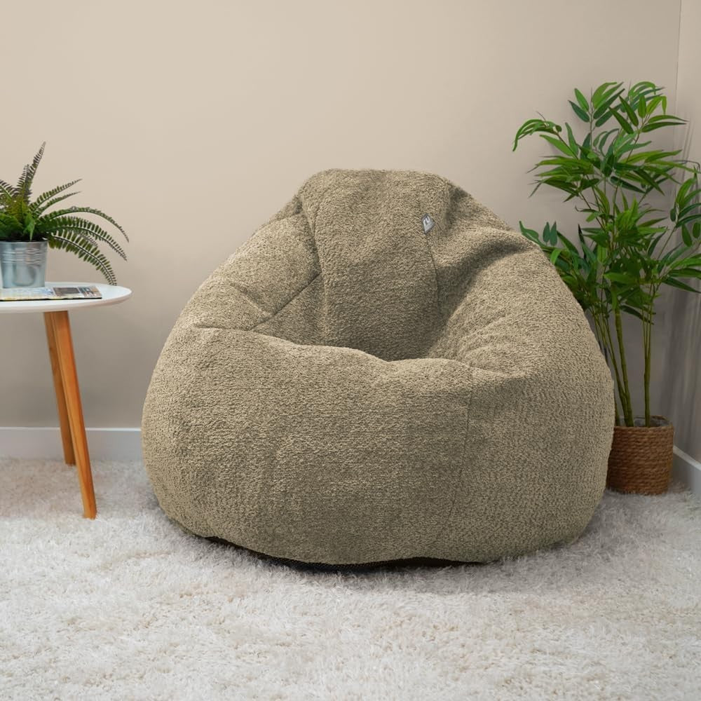 Beige Boucle Bean Bag Chair & Footstool – Adult Lounge Seat 110x80cm