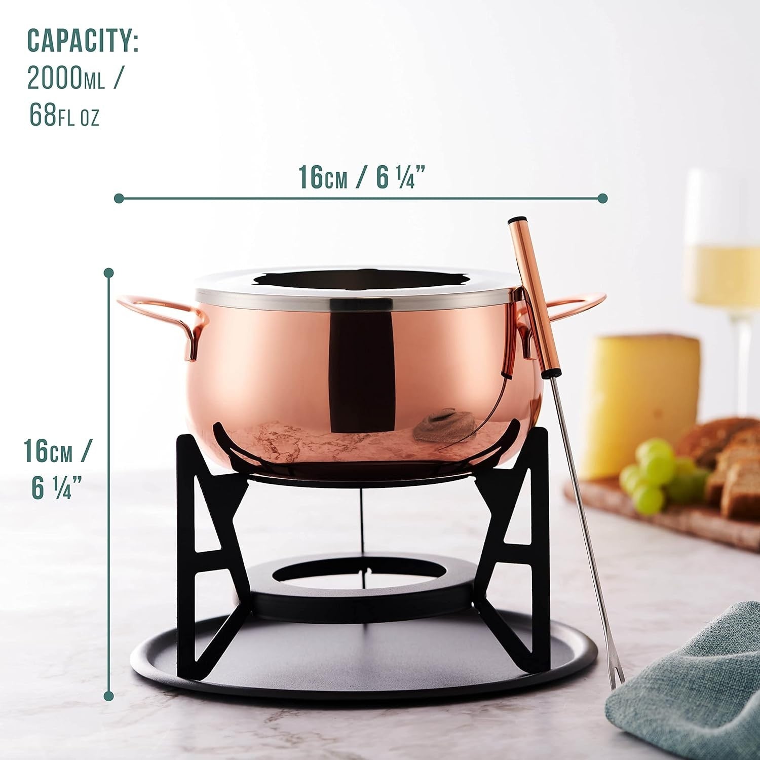 Rose Gold Stainless Steel Fondue Set Cheese Chocolate Pot 6 Person