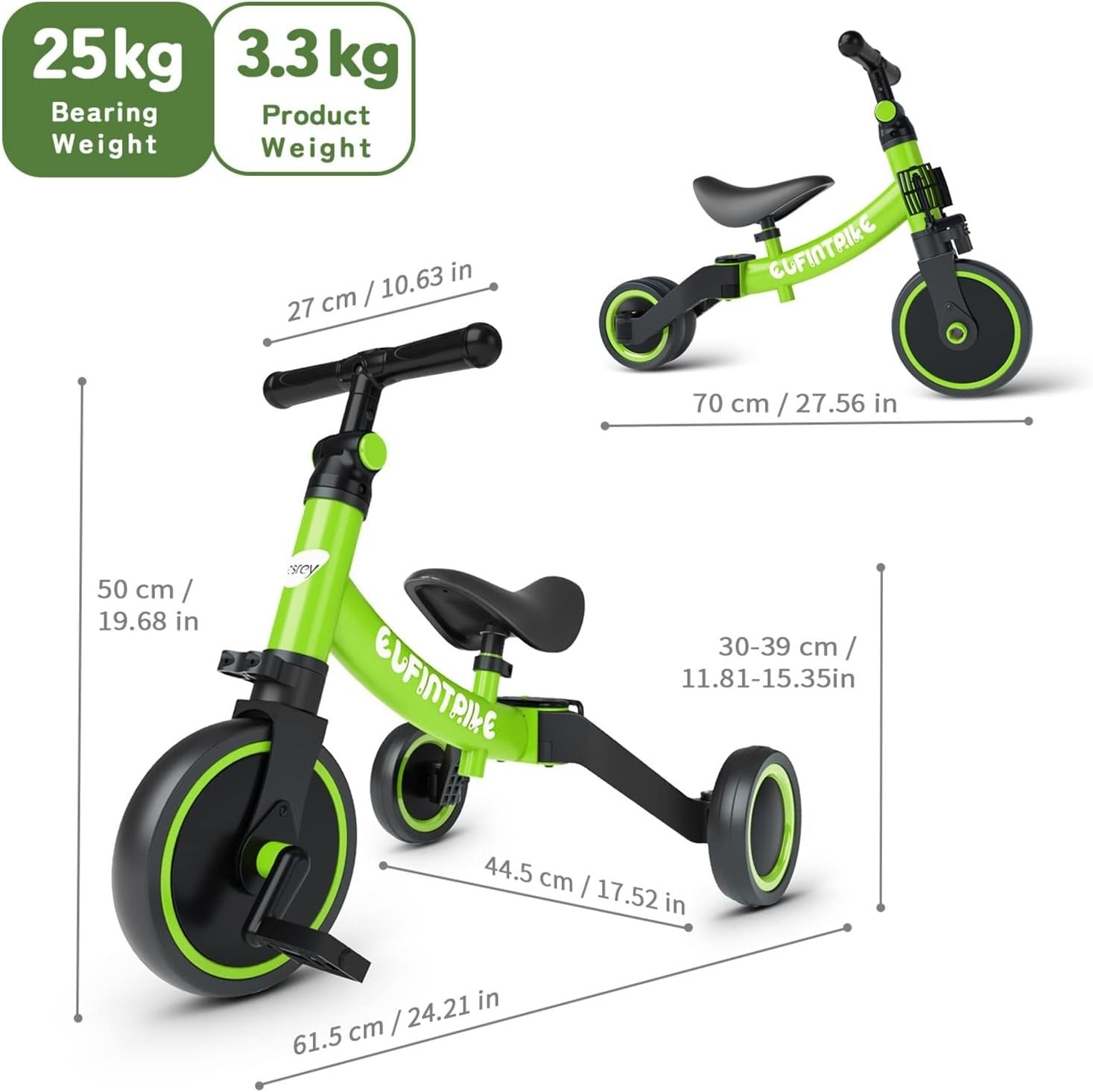 5 In 1 Toddler Tricycle Balance Bike Kids Ride On Removable Pedals Green