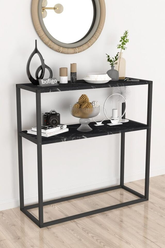 Slim Console Table 90cm with 2 Shelves, Metal Frame, Modern Hallway Storage