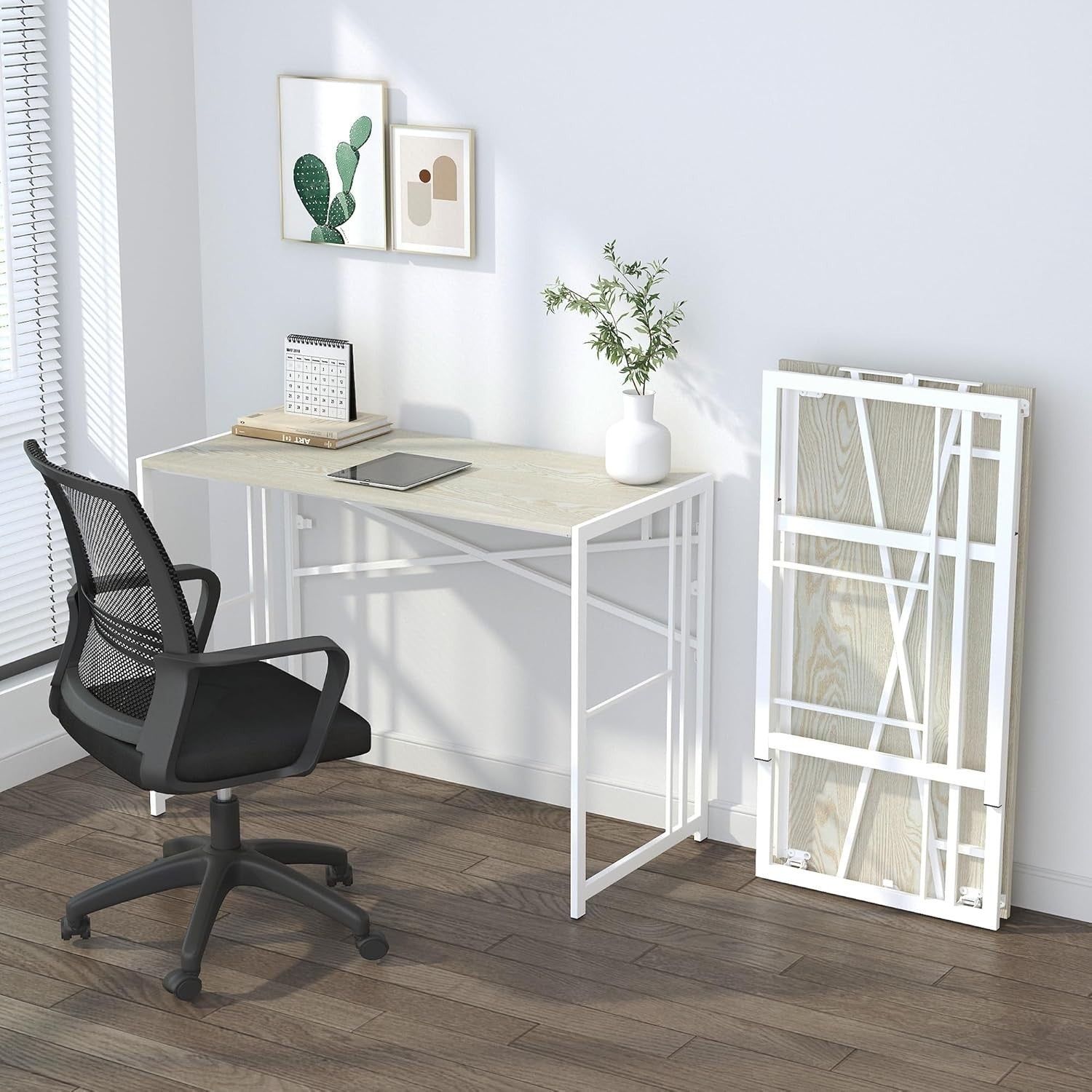Folding Desk 103cm Natural & White Compact No Assembly Home Office Table