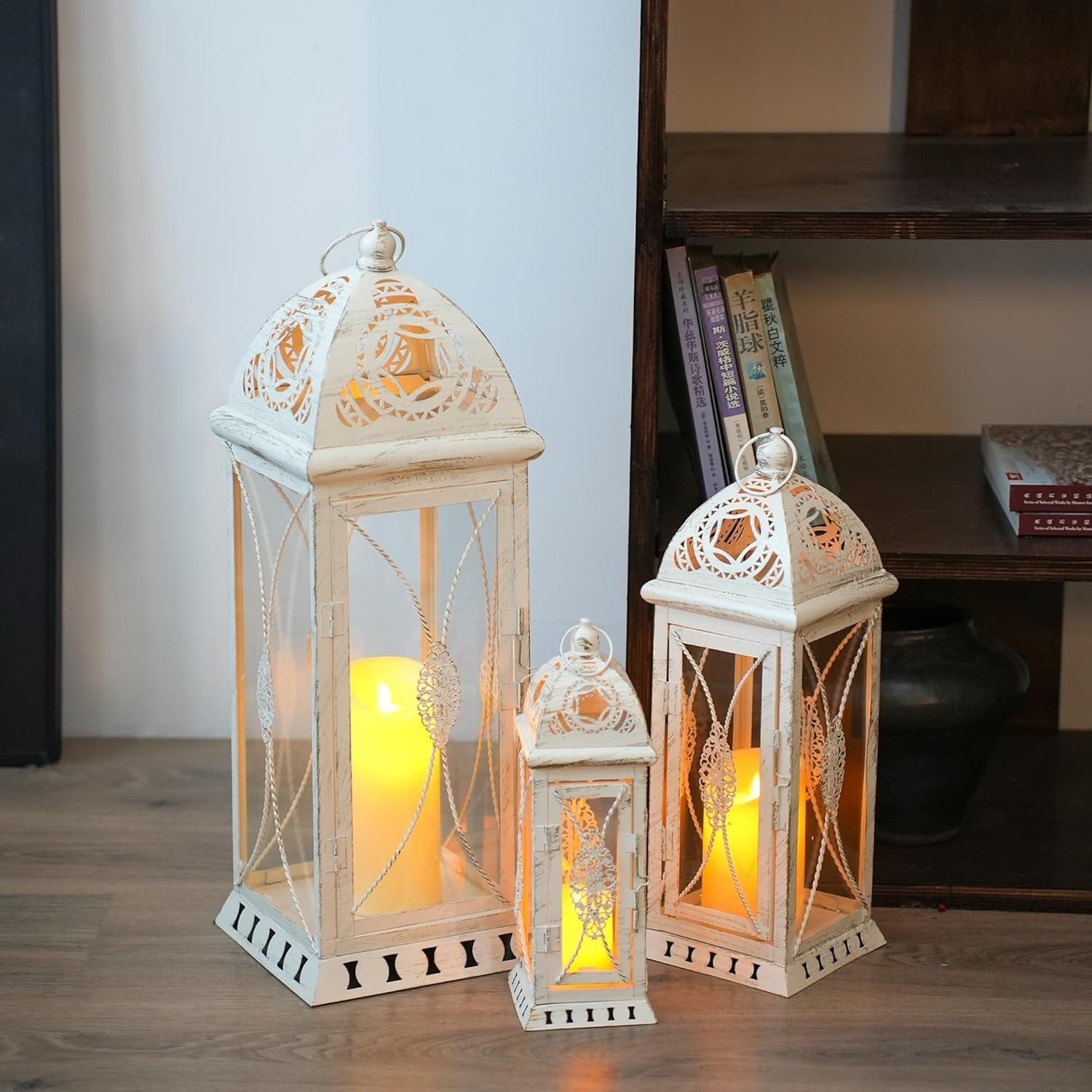 Beige Gold Lantern Set of 3 Vintage Metal Candle Holders