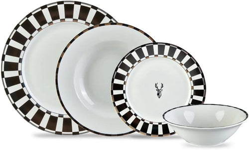 24pc Black White Dinner Set for 6 Bone China Plates Bowls Luxury Checked