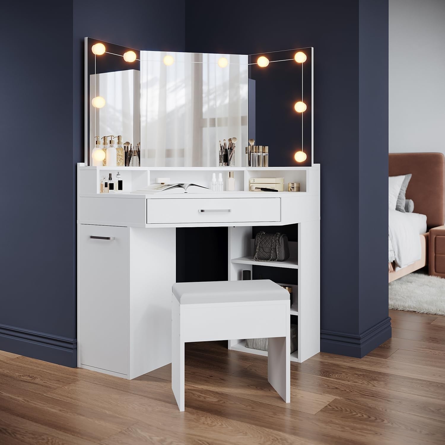 Corner Dressing Table Vanity with LED Lighted Mirror Stool Drawers Storage White
