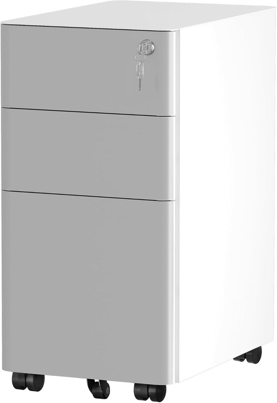 White Grey Metal Mobile Filing Cabinet 3 Drawer A4 Under Desk