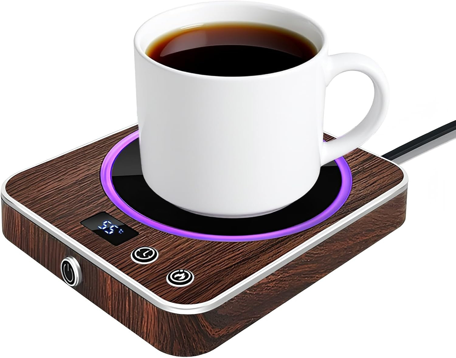 Smart Coffee Mug Warmer 3 Temp LED Desk Cup Heater Walnut