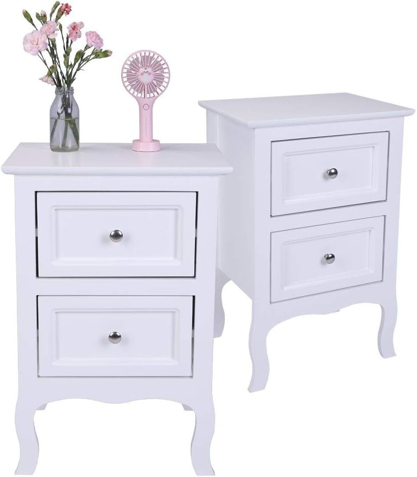 Set of 2 White Wooden Bedside Tables with 2 Drawers Bedroom Storage Units