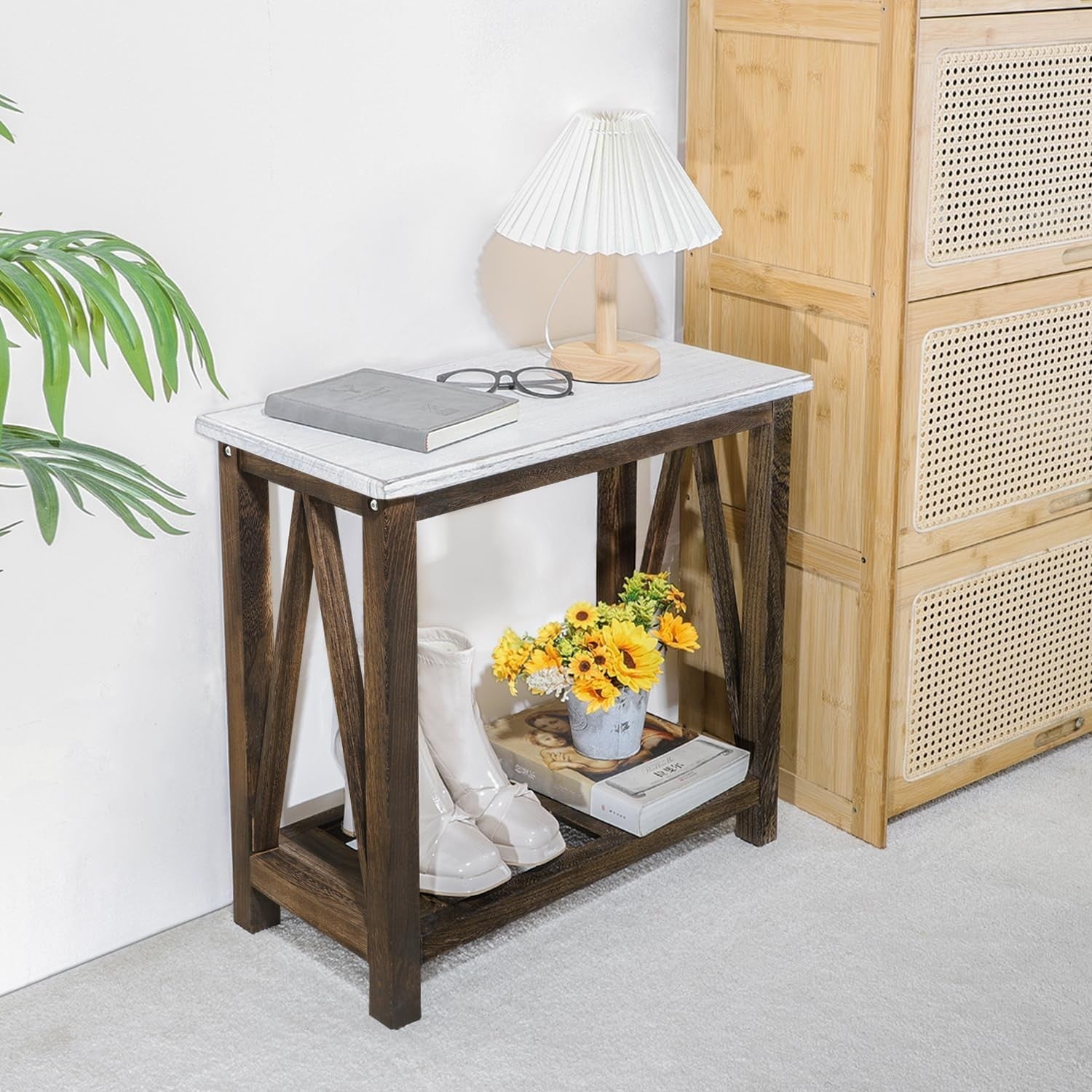 Rustic White & Brown Farmhouse Side Table with Storage Shelves, Compact Nightsta