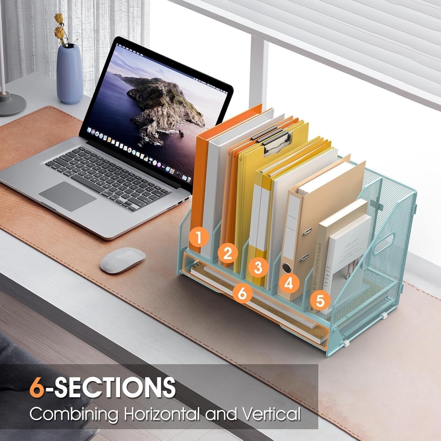 4-Tier Desktop File Organizer with Adjustable Compartments & Letter Tray, Sea Gr