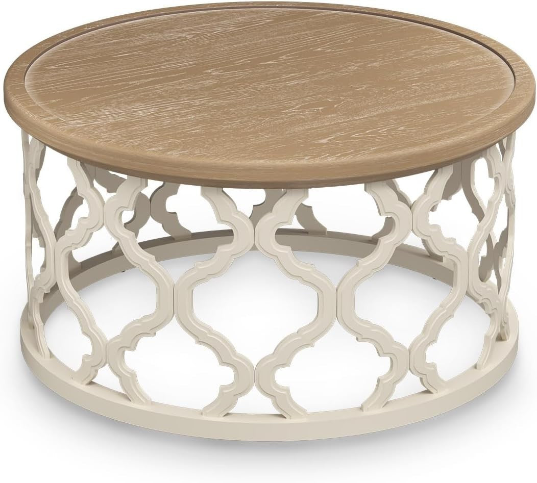 Round Farmhouse Coffee Table with Storage Shelf 76x76x41cm Rustic Charm