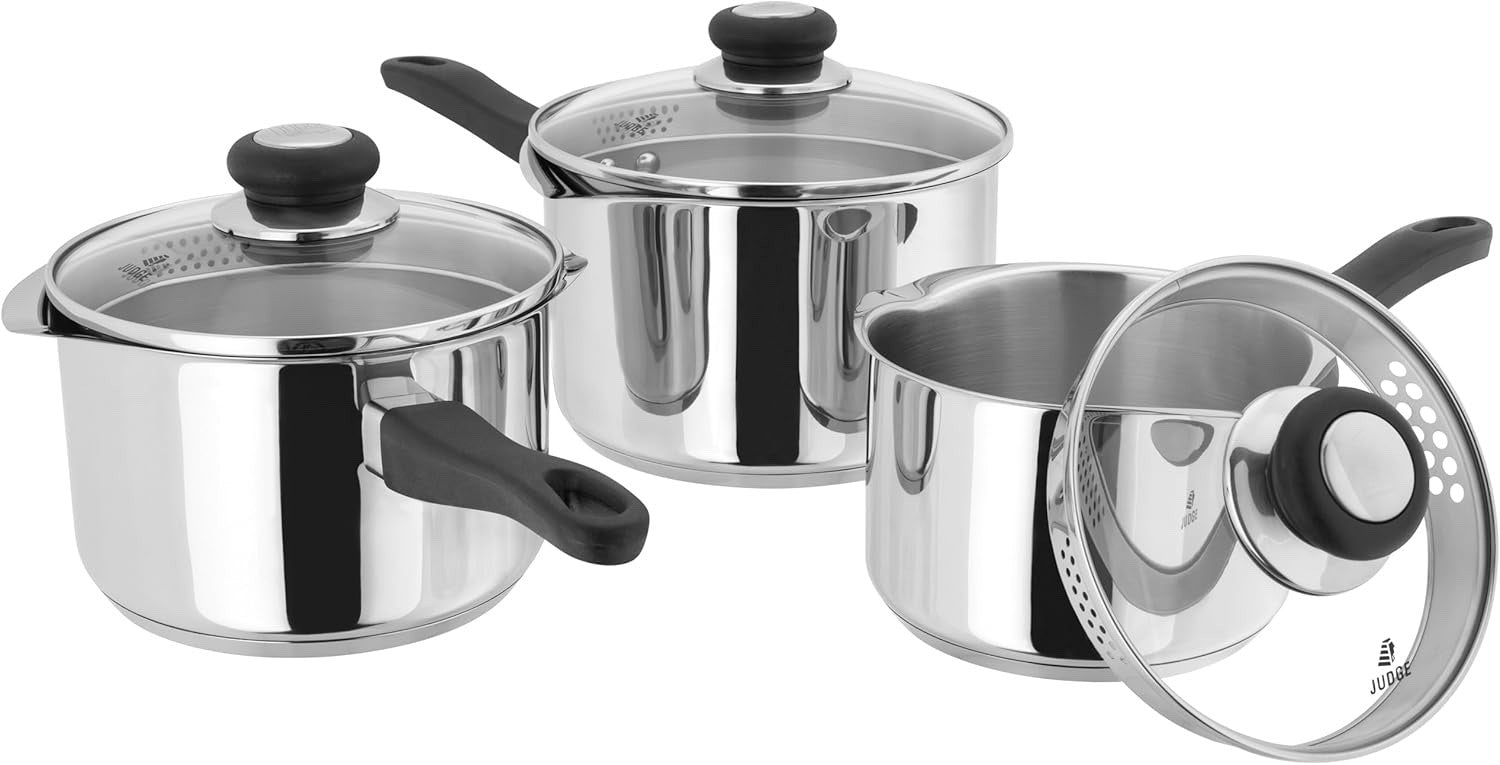 3Pcs Stainless Steel 16 18 & 20cm Saucepan Set with Strainer Lids Induction Safe