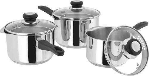 3Pcs Stainless Steel 16 18 & 20cm Saucepan Set with Strainer Lids Induction Safe