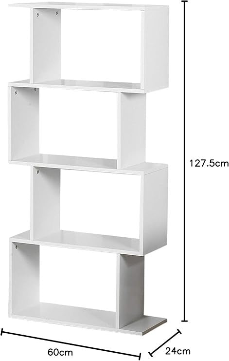 Modern S-Shaped 4-Tier Display Shelf Unit – Space-Saving Bookcase Storage White