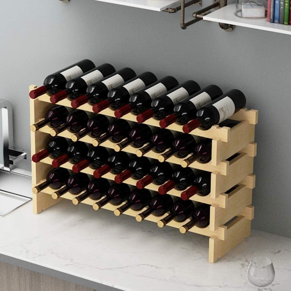 4-Tier Wooden Wine Rack 32 Bottle Storage | Natural Solid Wood Countertop