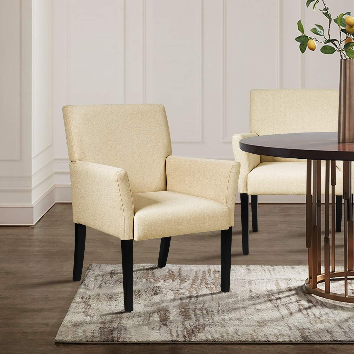 Beige Accent Armchair Linen Fabric Upholstered Wood Legs Chair