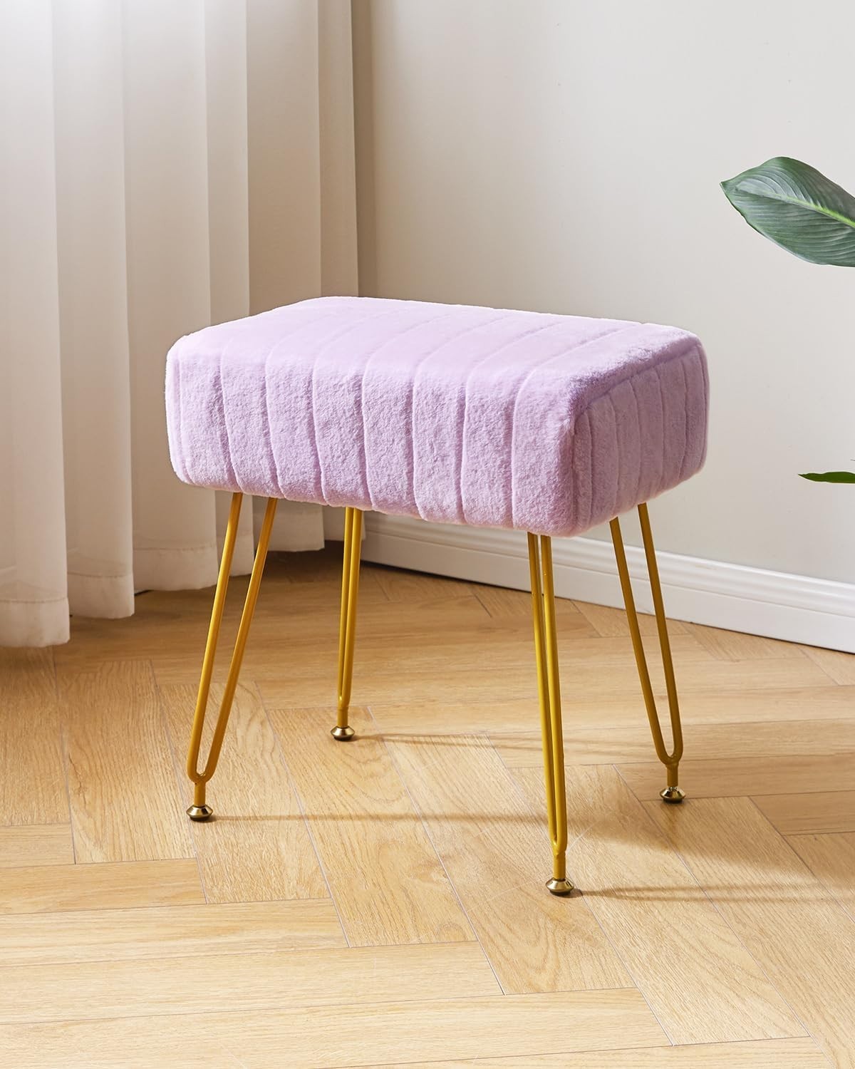 Purple Velvet Footrest Ottoman – Rectangular Vanity Stool with Gold Legs