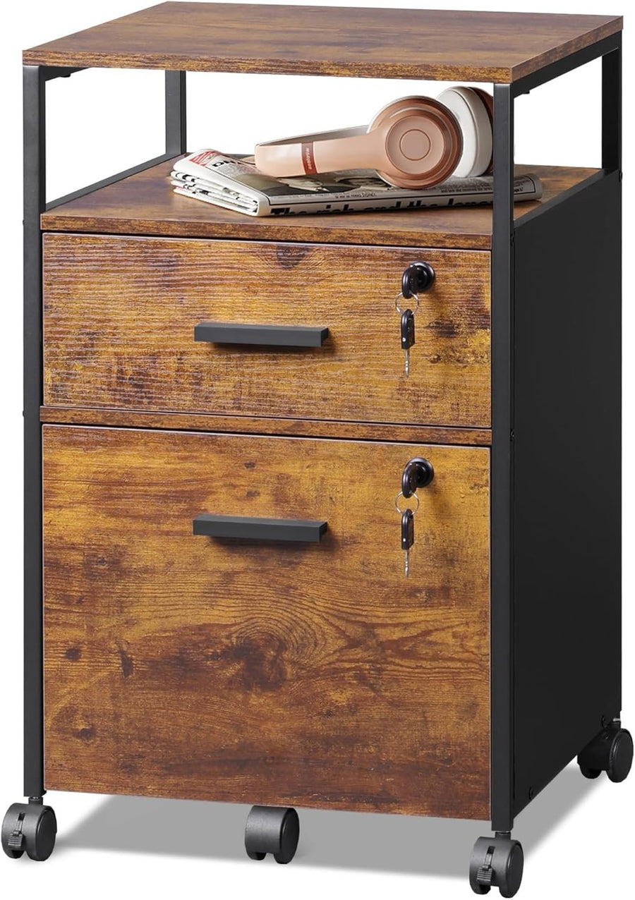 Brown 2 Drawer Mobile Filing Cabinet with Open Shelf Office Storage Lockable