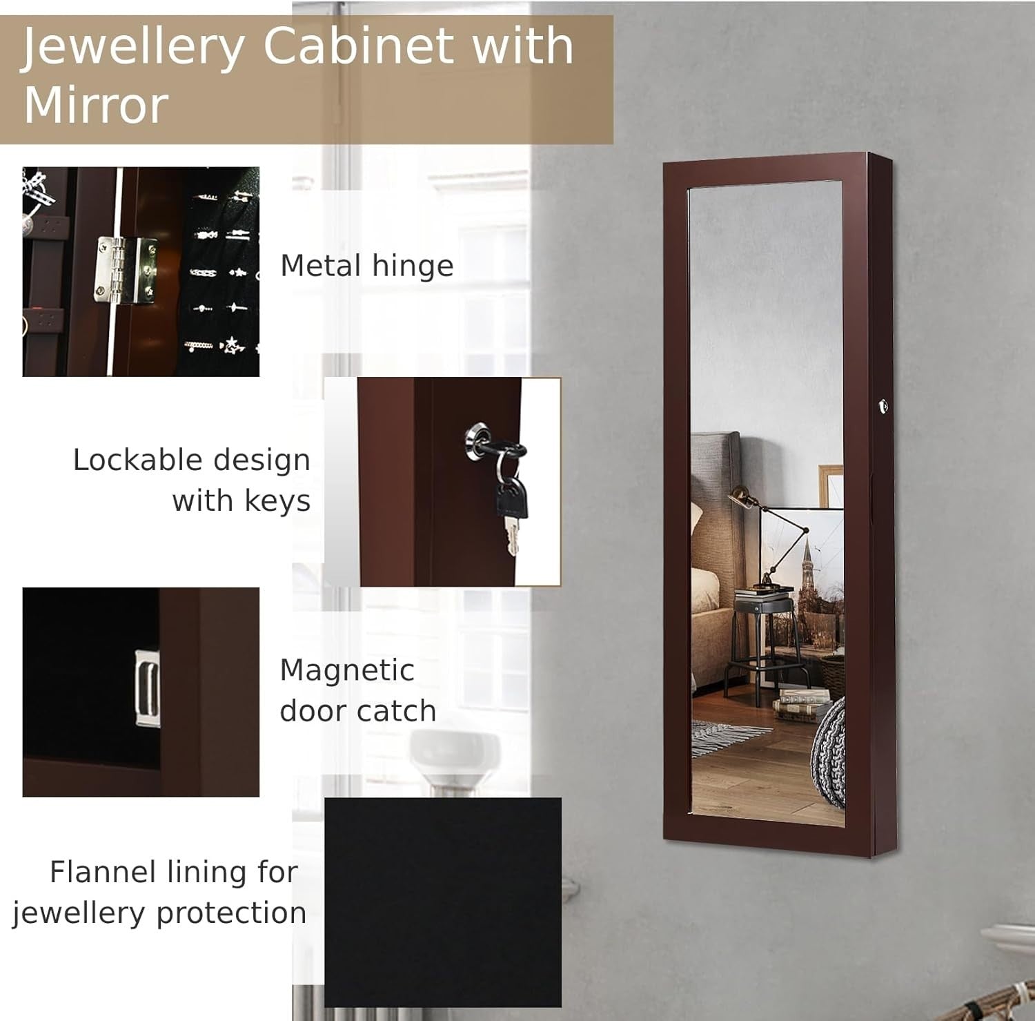 Brown Wall Door Mounted Jewellery Cabinet Lockable Mirror Organizer
