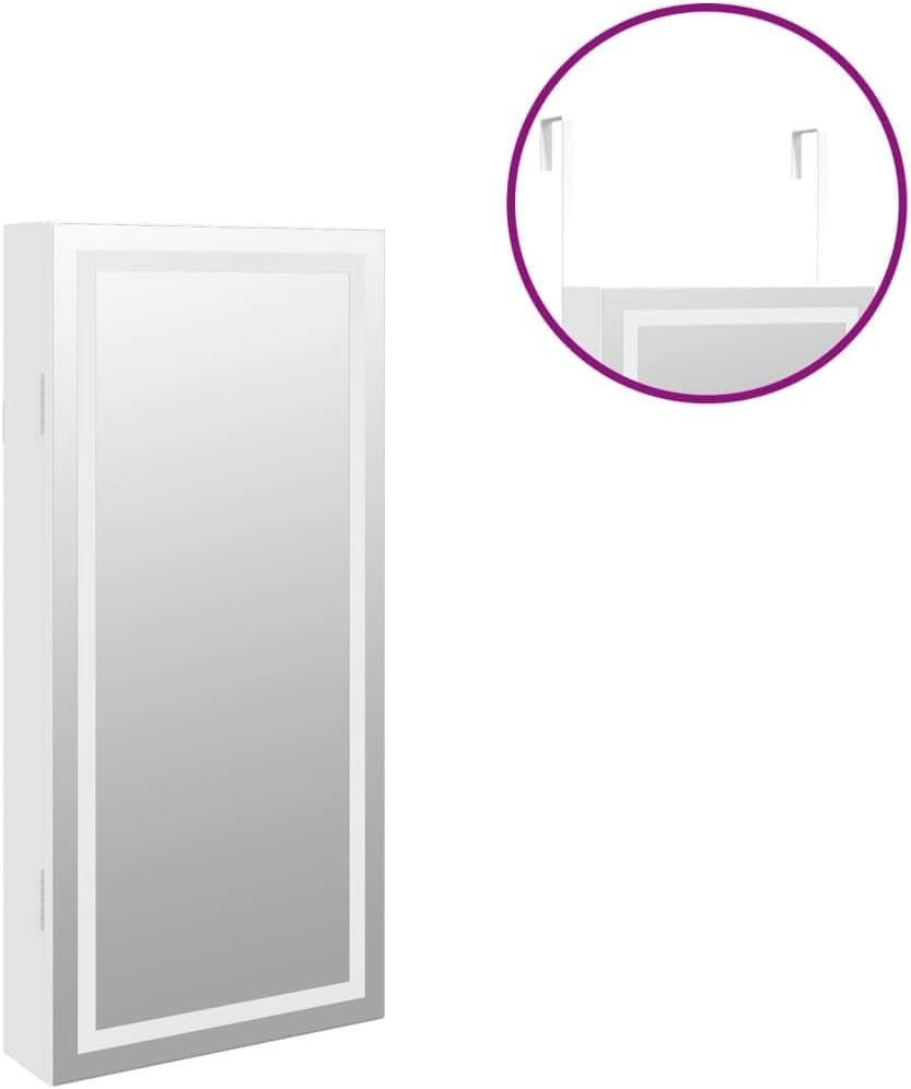 Compact LED Wall Jewelry Cabinet Frameless Mirror Lockable Storage White