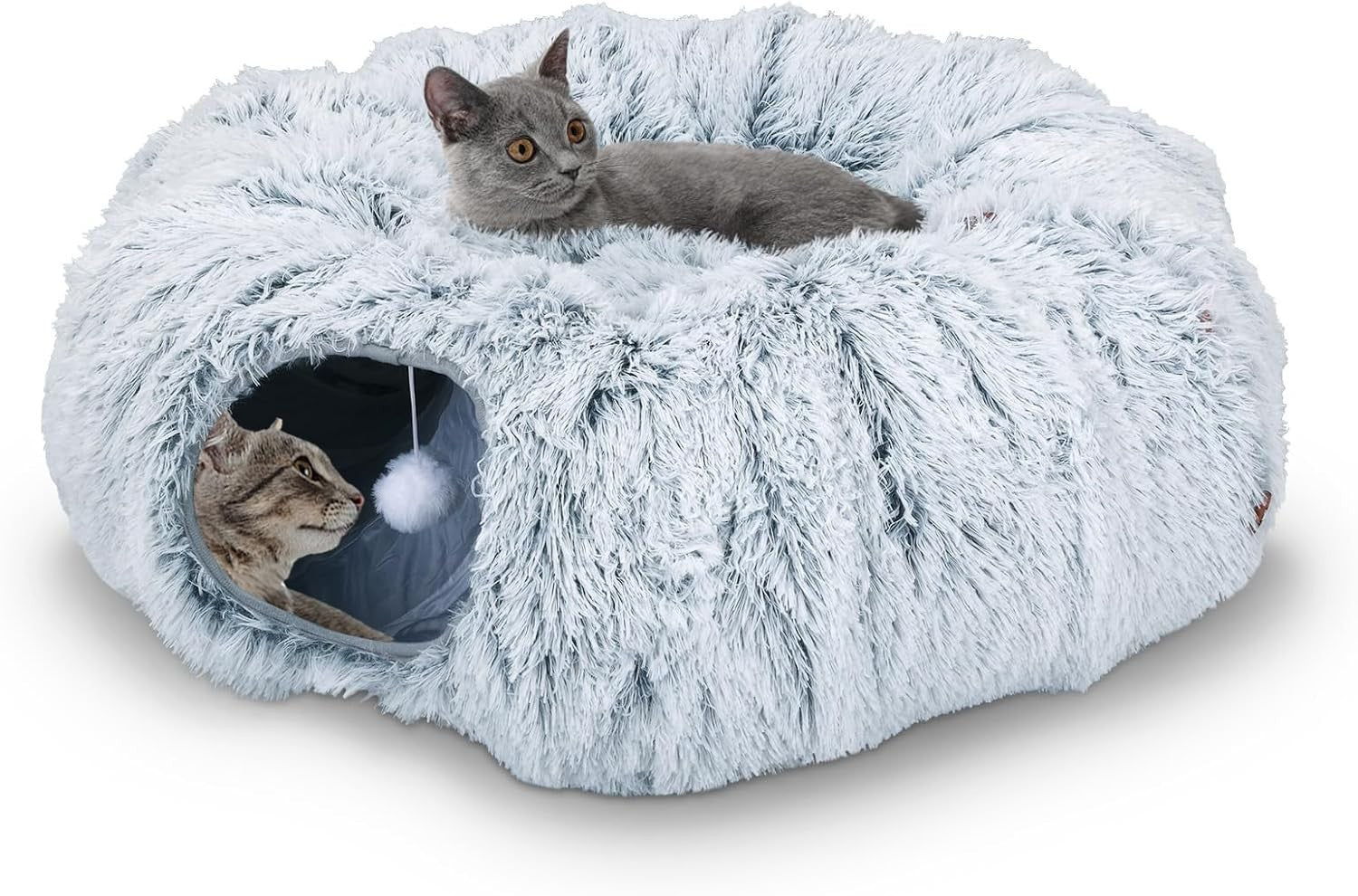 Cat Tunnel Bed Fluffy Cat Cave Toy w Cushion Large Indoor Pet Tunnel