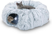 Cat Tunnel Bed Fluffy Cat Cave Toy w Cushion Large Indoor Pet Tunnel
