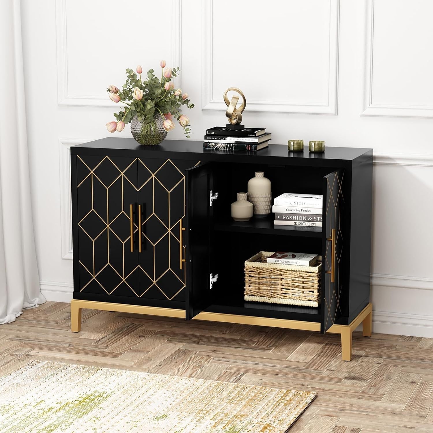 Black Sideboard Cabinet 4 Door Gold Trim Storage Unit for Hallway Room