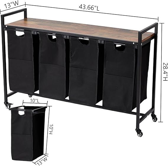 4-Compartment Laundry Hamper Cart with Wheels & Removable Bags 111×33×73cm