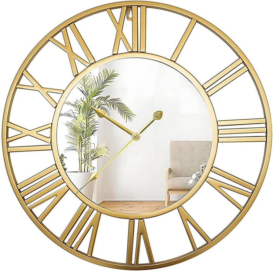 50cm Gold Mirror Wall Clock Silent Roman Numerals Vintage Glam Decor