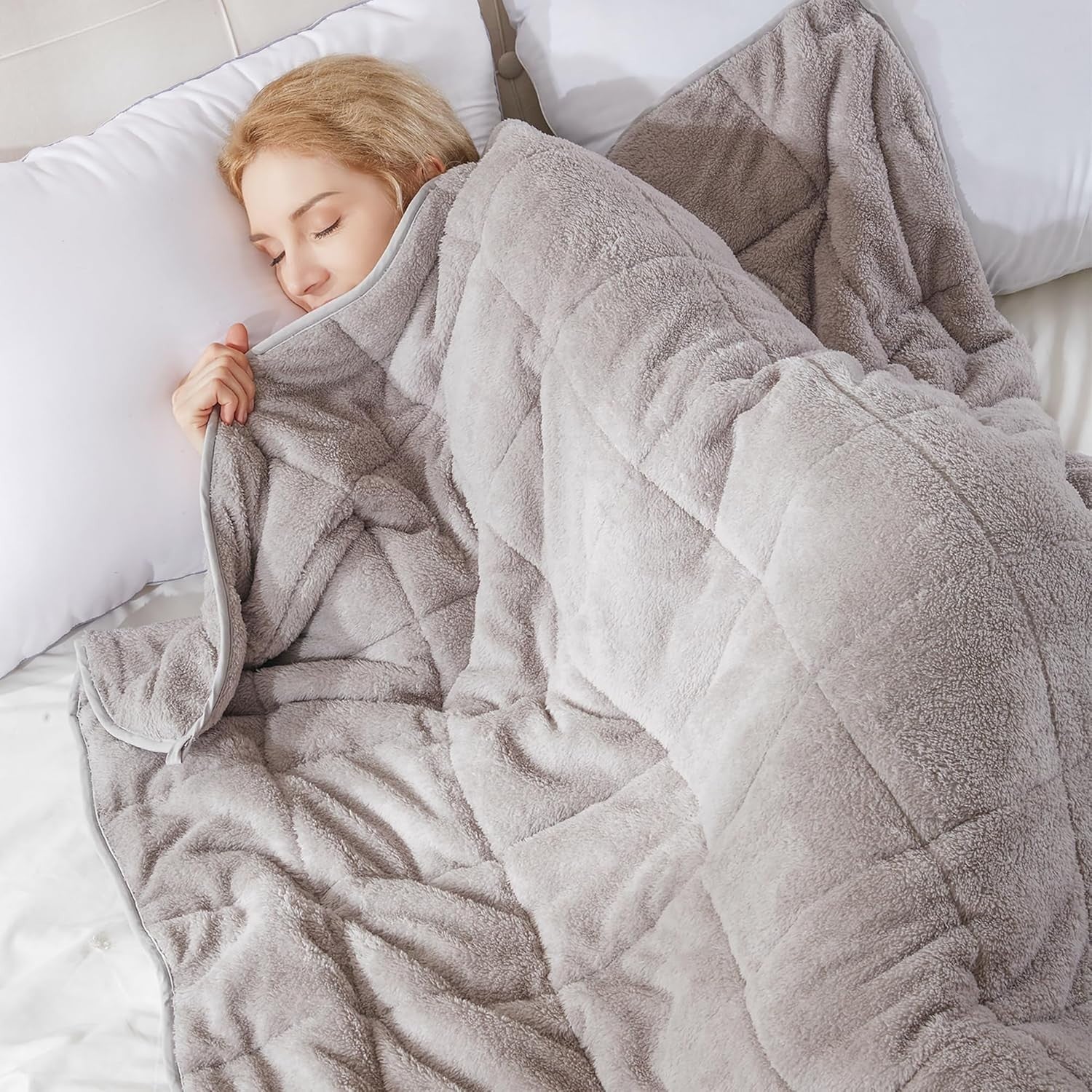 8kg Weighted Blanket, Silver Grey Teddy Fleece Quilted 150x200cm Anxiety Relief