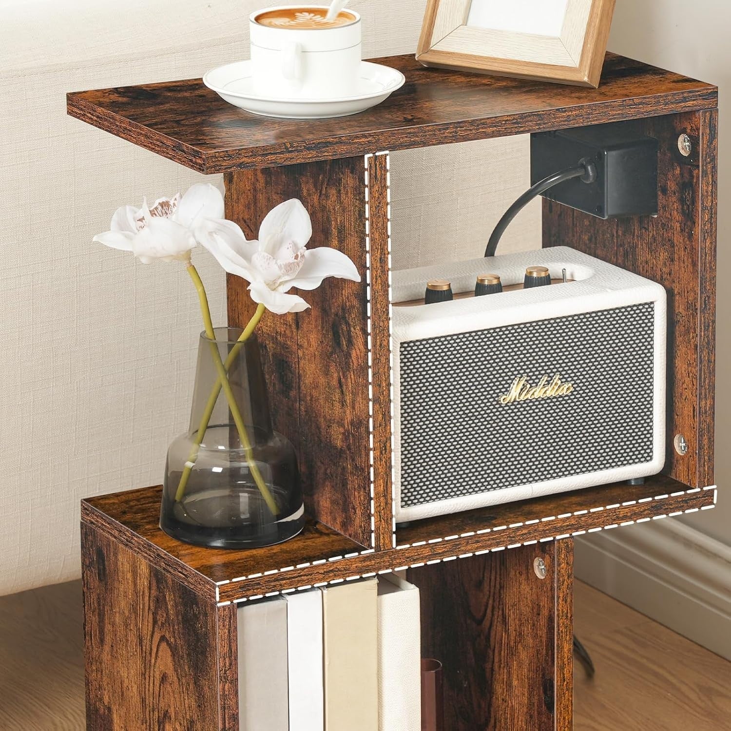 Slim S-Shaped Side Table w/ USB & AC Outlet | Narrow Bedside & End Table