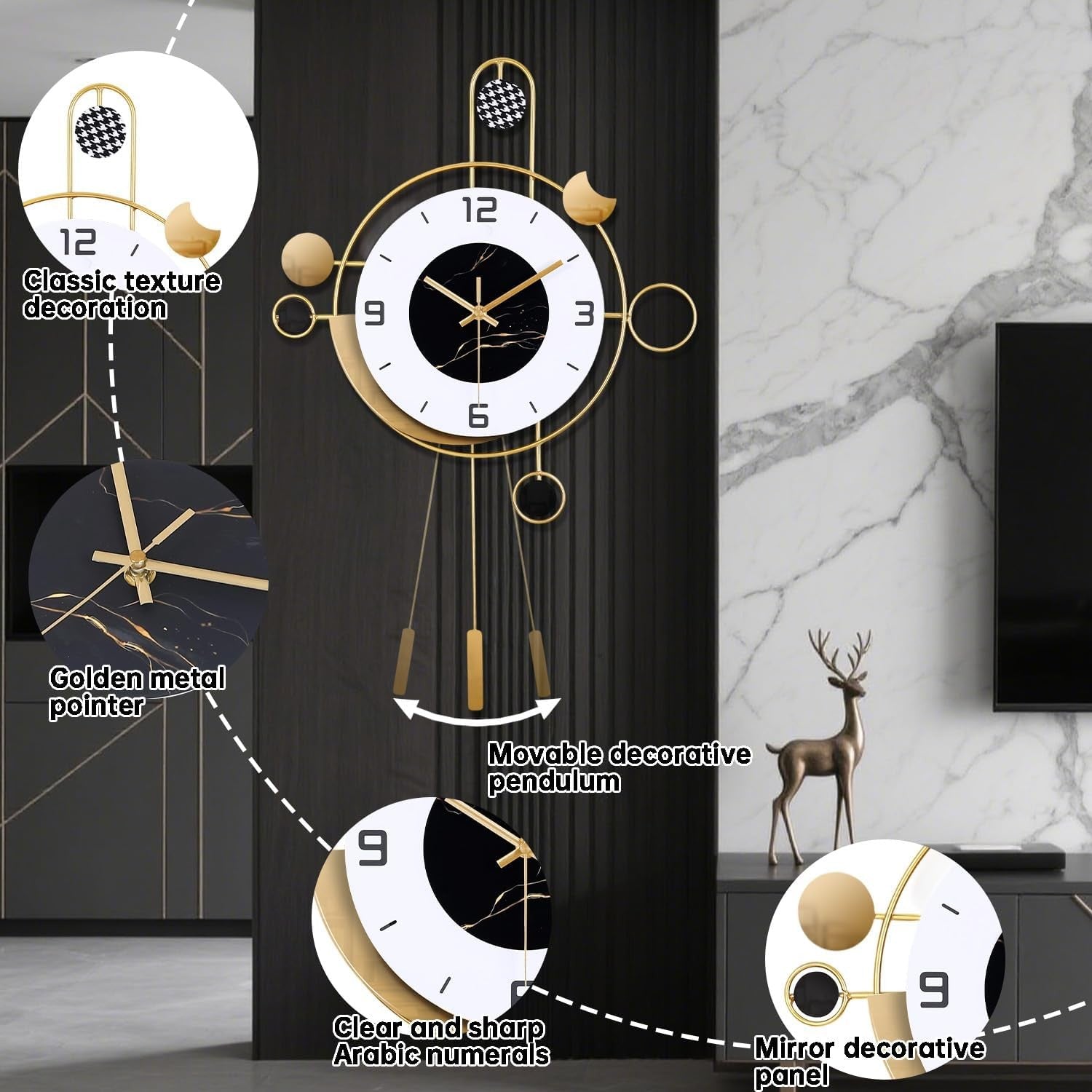 40×55cm Gold & White Pendulum Wall Clock – Silent Quartz Modern Design