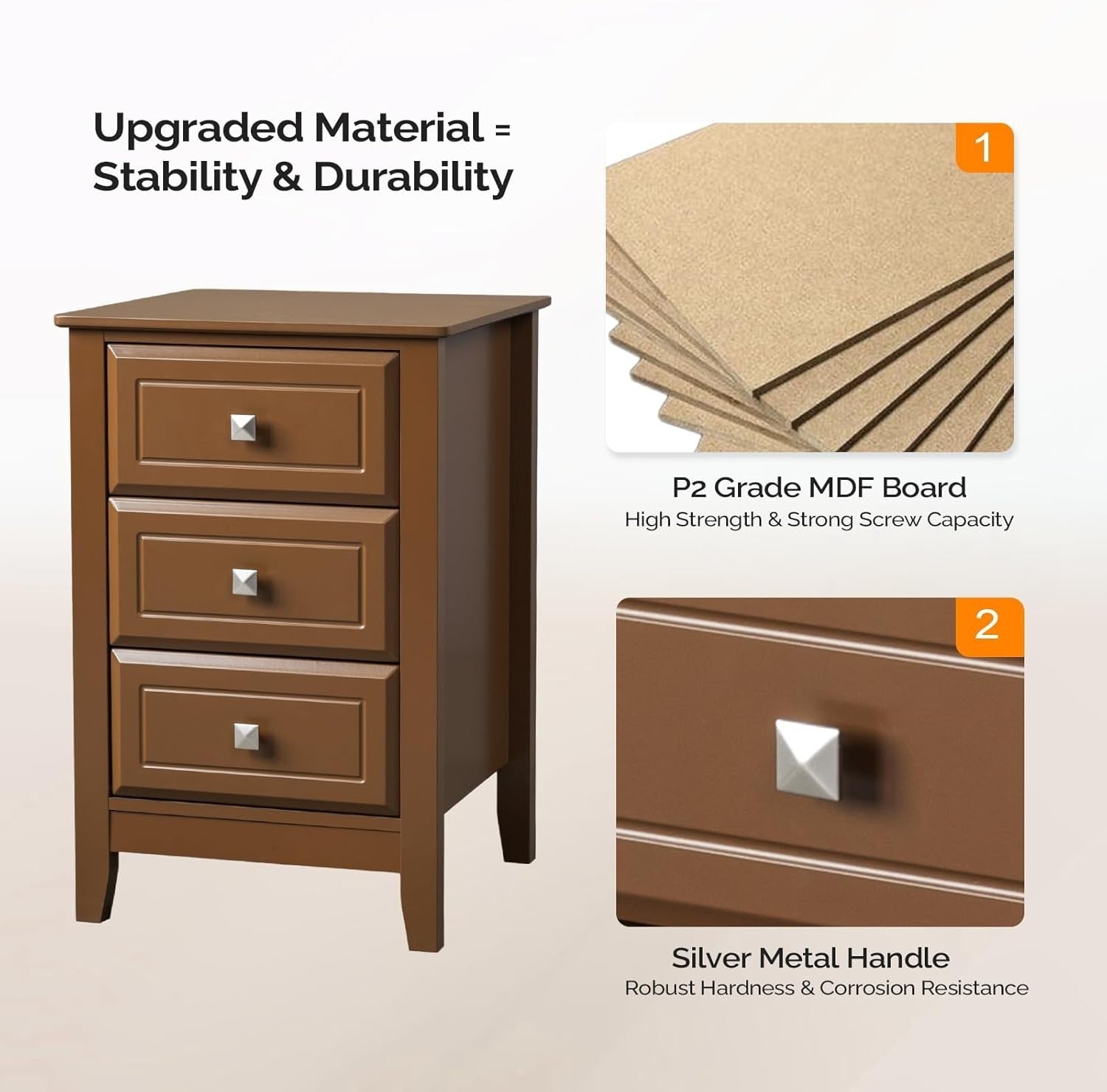 Modern Brown Bedside Table with 3 Drawers – Wooden Nightstand Cabinet