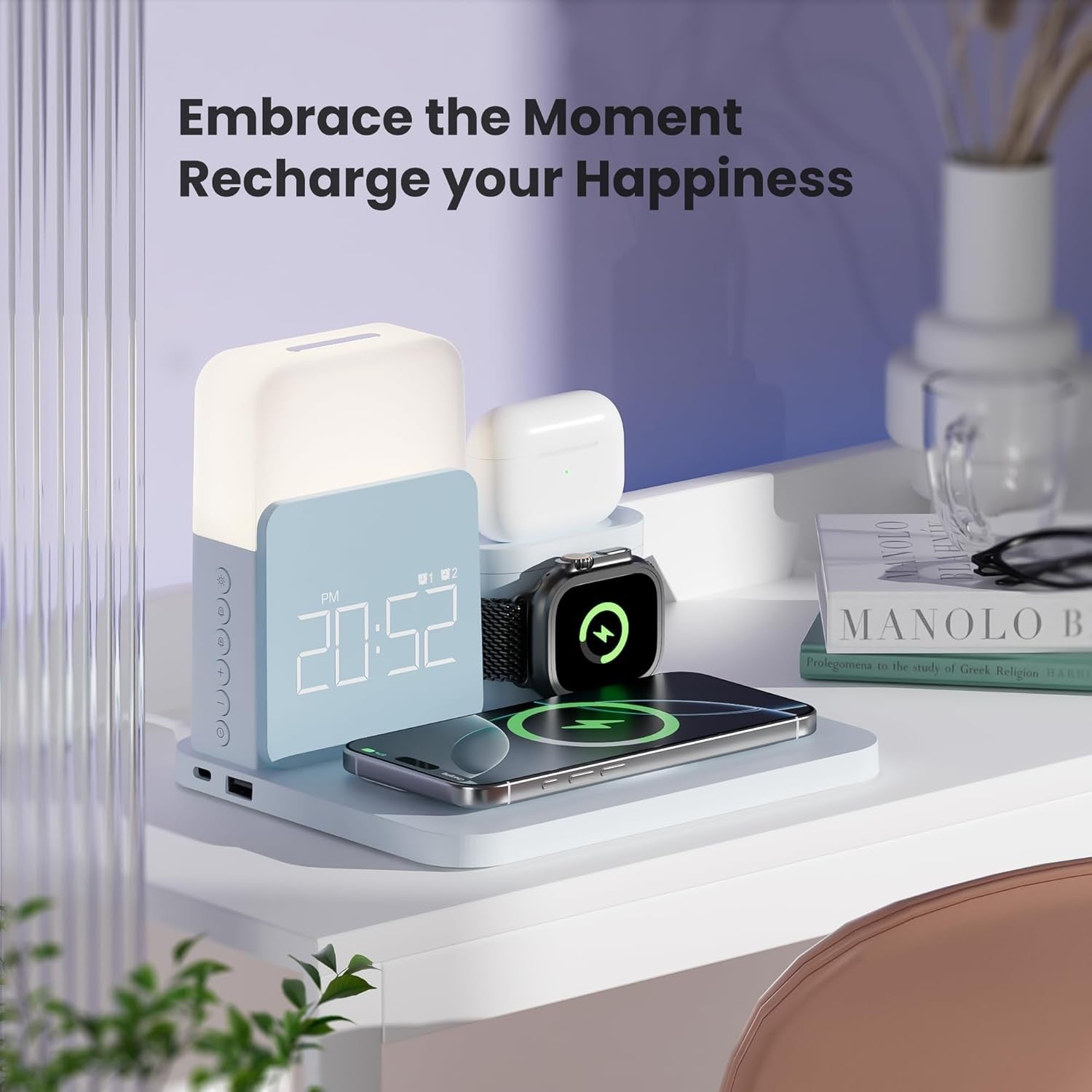 6 in 1 Wireless Charging Station Alarm Clock Night Light MagSafe Stand