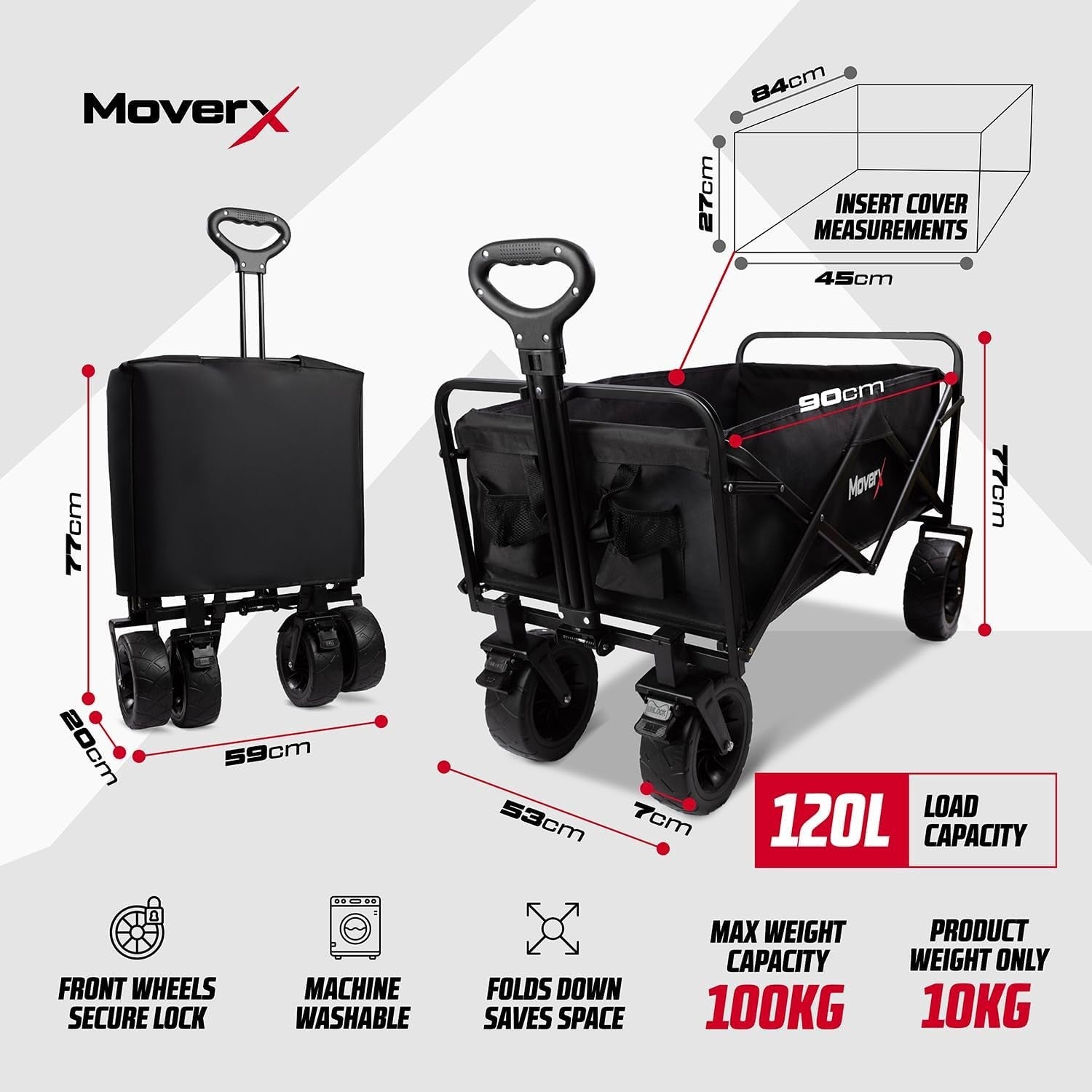 120L Folding Camping Wagon Wide Wheel Festival Trolley Adjustable Handle Black
