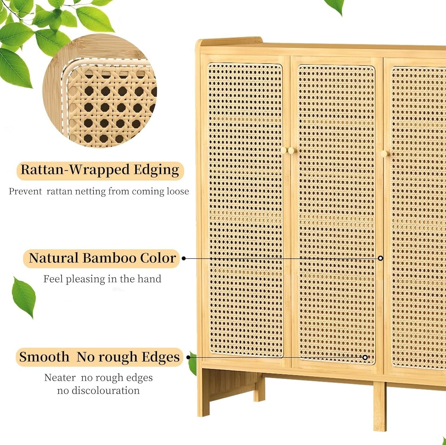 Large 5-Tier Bamboo Shoe Cabinet with Rattan Doors & Side Hooks, Slim Organizer