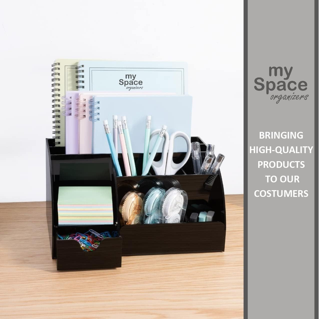 Acrylic Desk Organizer with Drawer, 9 Compartments for Office Supplies Black
