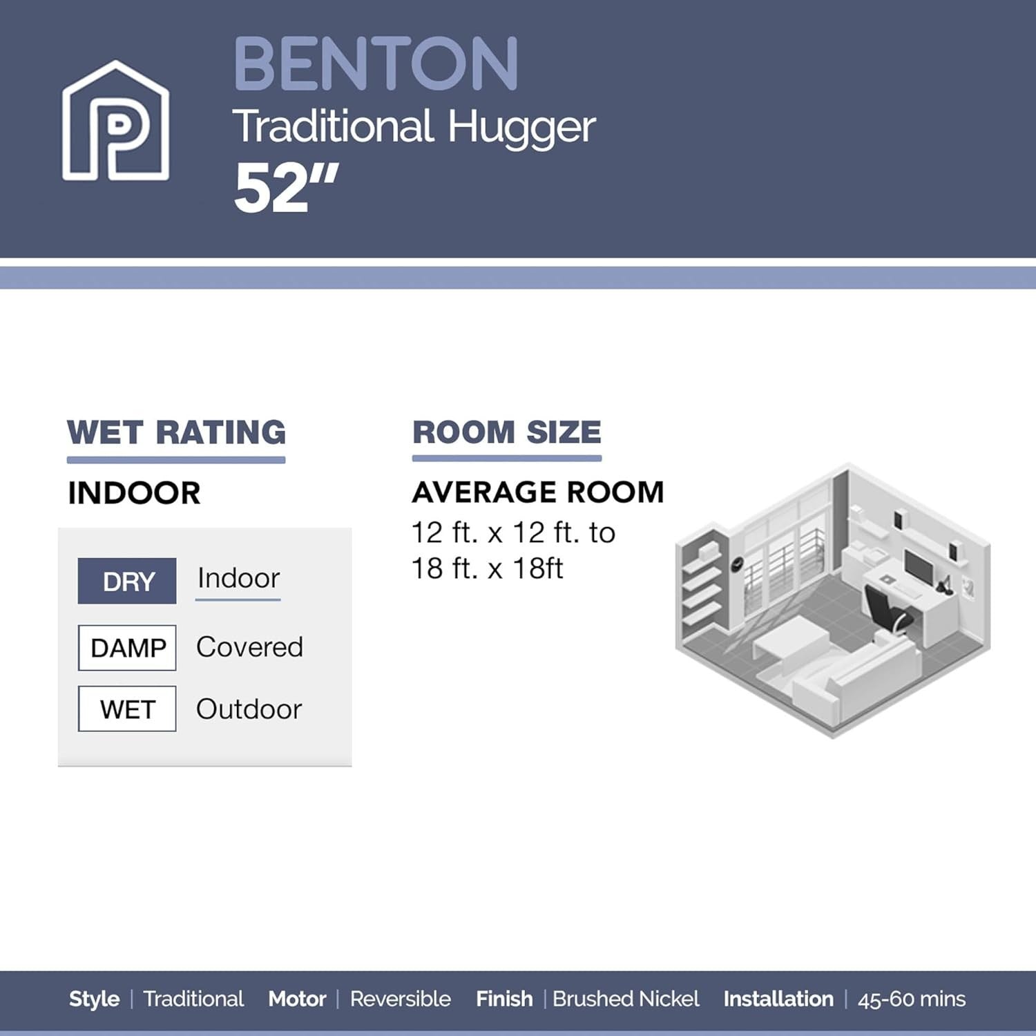 Prominence Home Benton 52" Ceiling Fan, LED Light, 5 Blades, Brushed Nickel