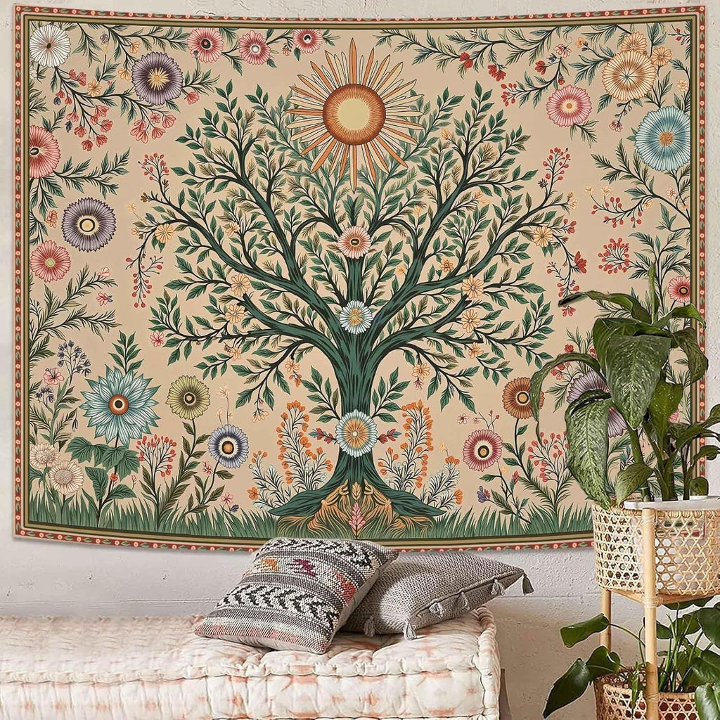 Chakra Tree of Life Tapestry Sun & Floral Boho 44x60
