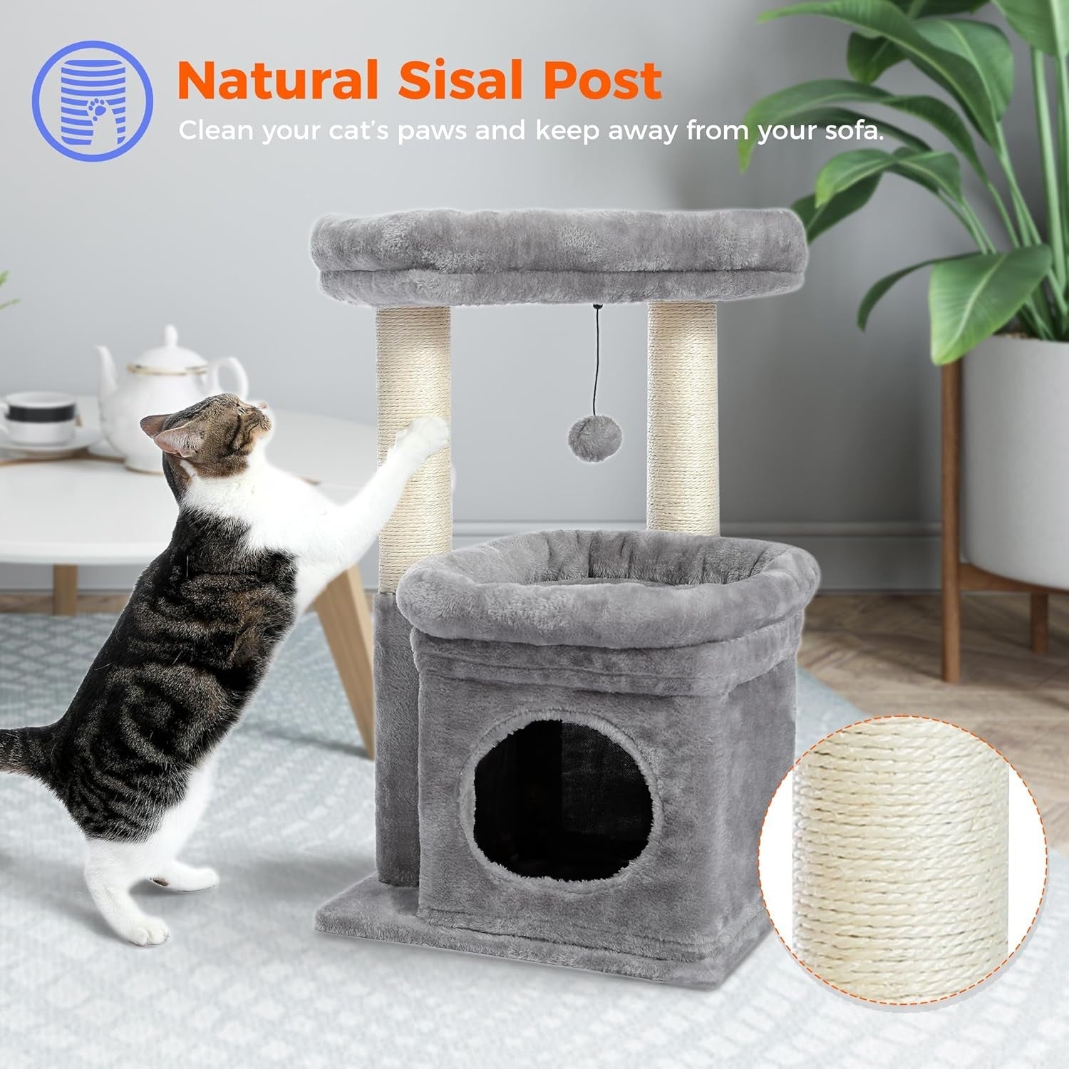 Small Cat Tree Tower with Condo Top Perch Sisal Scratching Post Grey