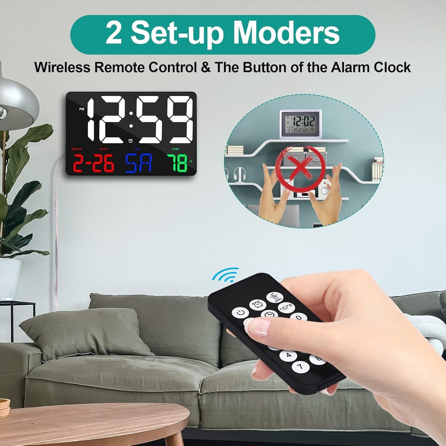 Large Digital Wall Clock Black 11.5″ LED Remote Alarm Date Temp Display
