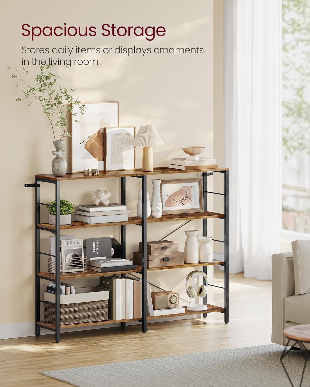 Industrial 4-Tier Wide Bookcase | Large Rustic Storage Shelf Room Divider 120cm