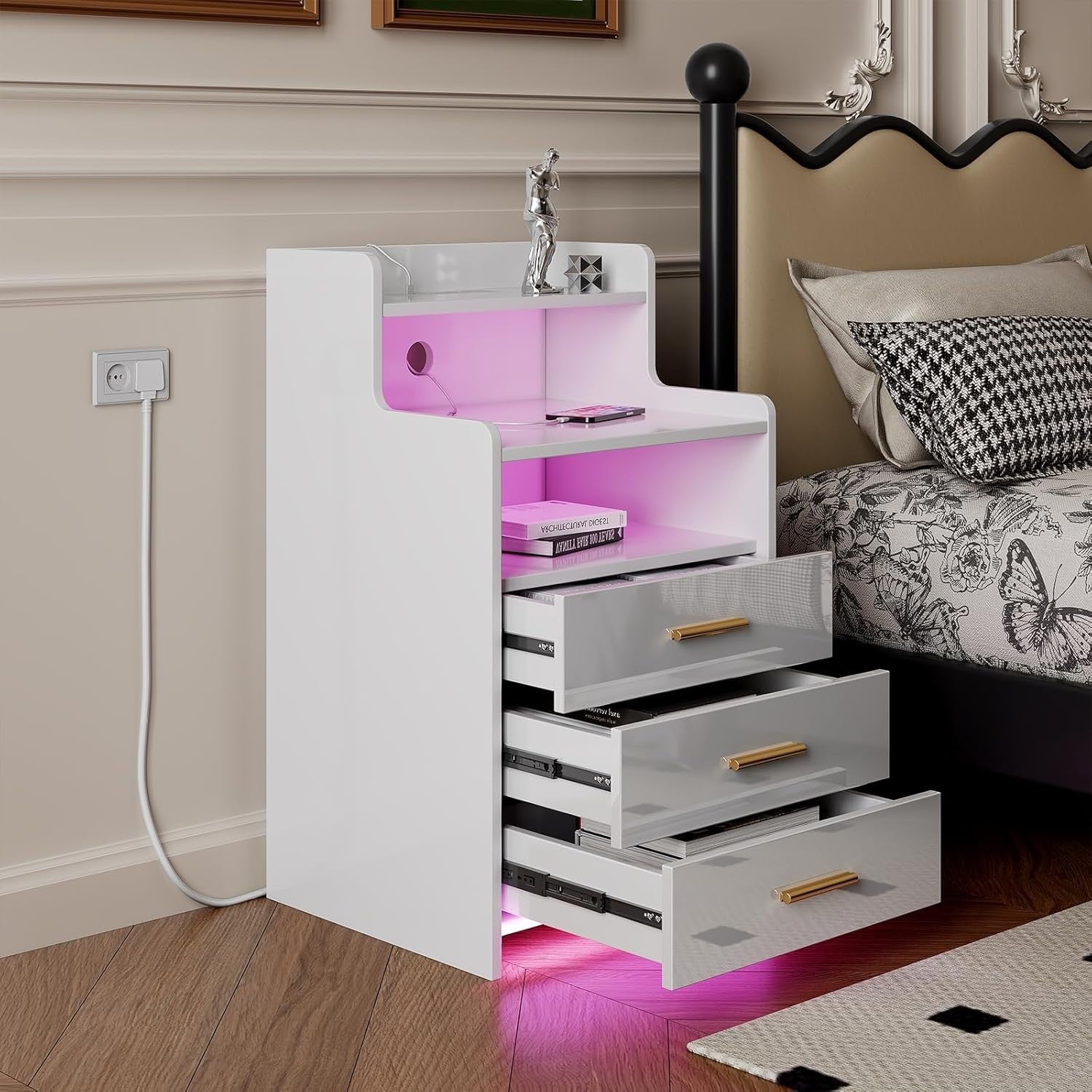 White LED Bedside Table with Power Socket, RGB Lights & 3 Drawers