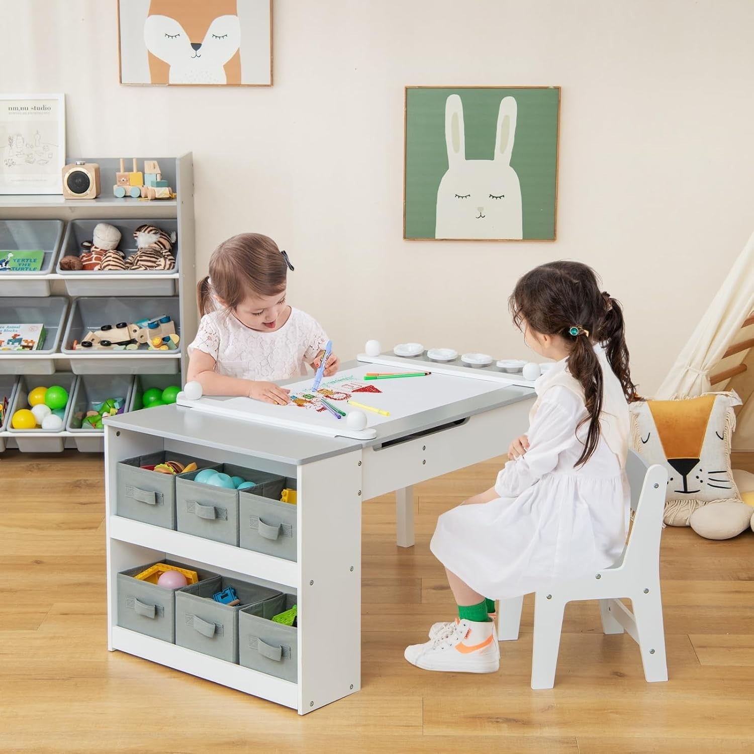 Kids Lift-Top Art & Study Table Set with Storage, Paper Roll & Paint Cups