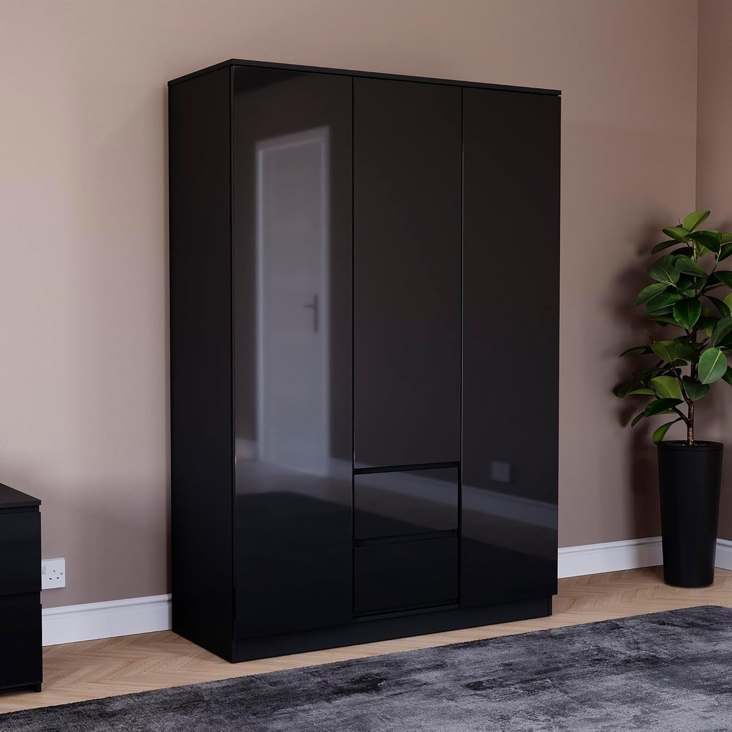 High Gloss Black 3 Door Wardrobe with 2 Drawers - Modern Bedroom Storage