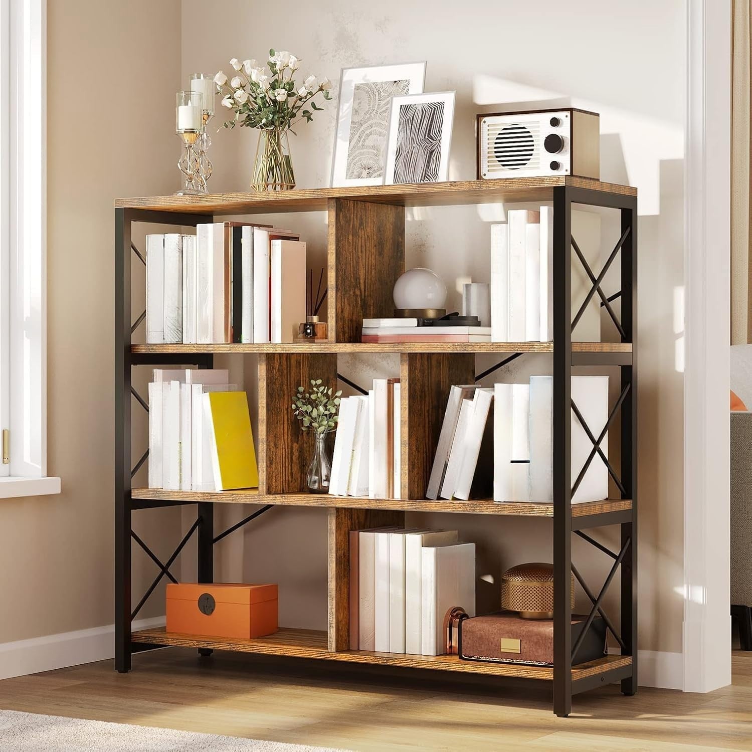4 Tier Industrial Cube Bookcase Retro Brown Metal Frame Storage Display Shelf